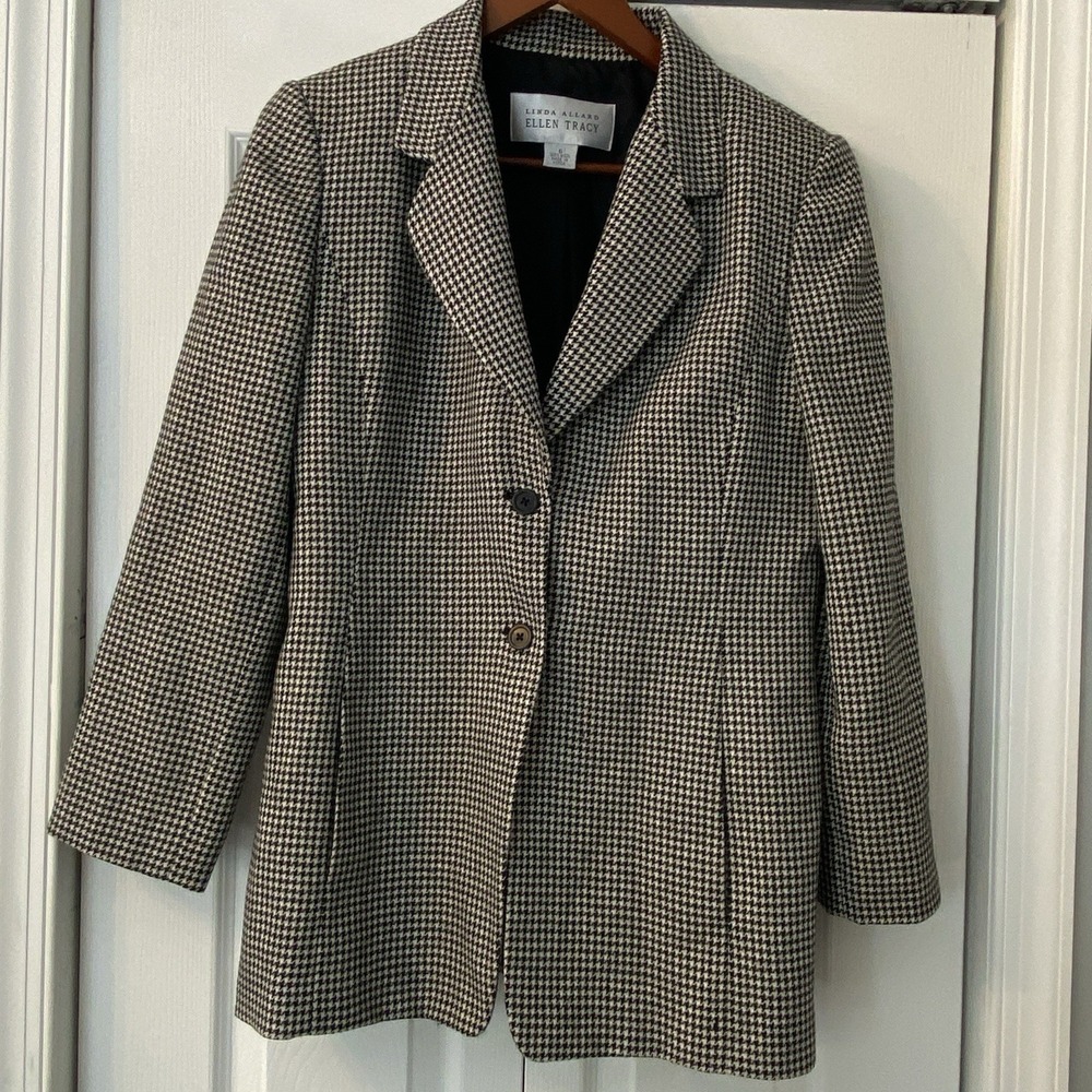 Wool Women Blazer Size 6 Houndstooth  Classic Old Money Linda Allard Ellen Tracy